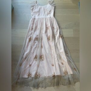 Joyfolie Pale Pink Tulle Gown with Gold Embroidered Flowers